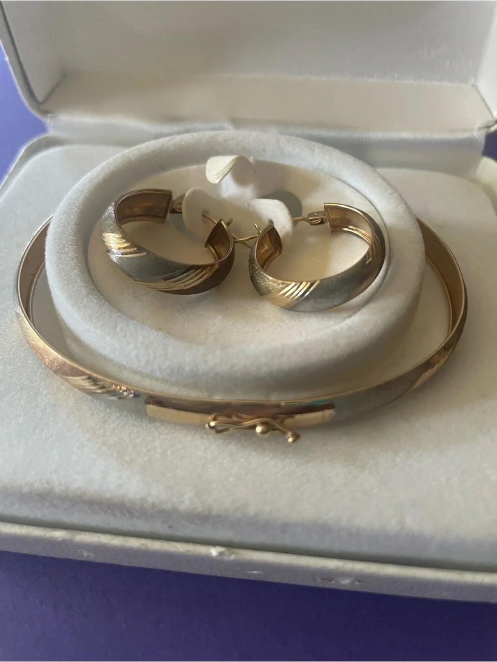 Two-Tone 10Kt Gold Hoop Earrings and Bangle Vintage Set - Picture 5 of 9